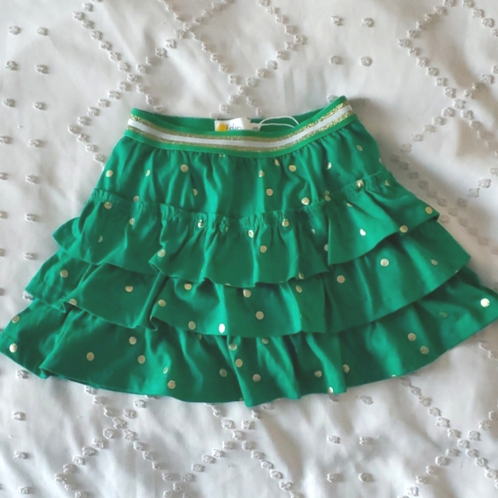 Mini Boden Green Tiered Skort with Gold Polka Dots